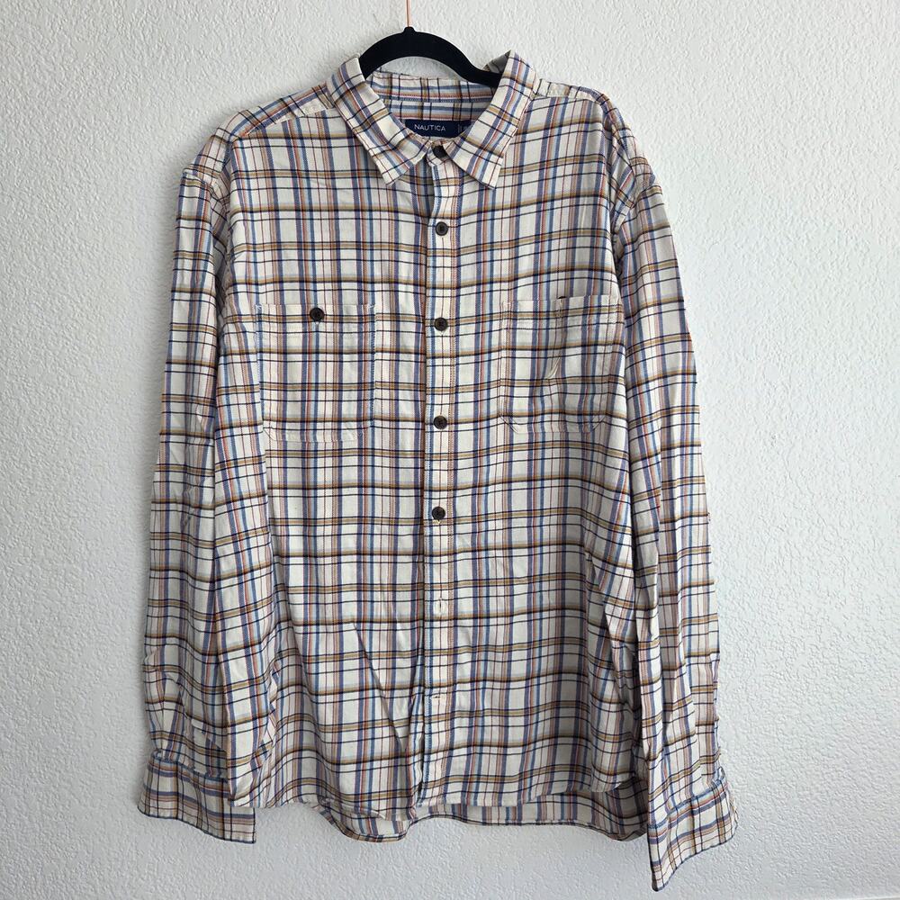 Nautica Men's XXL Blue/Tan Plaid Button-Down Long Sleeve Shirt Pre-owned Great